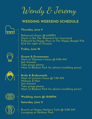 Free  Template: جدول عطلة نهاية الأسبوع لحفل الزفاف الذهبي