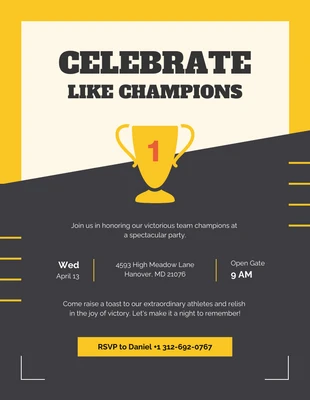 Free  Template: Invitación a la fiesta del campeón deportivo ilustrativo amarillo y negro