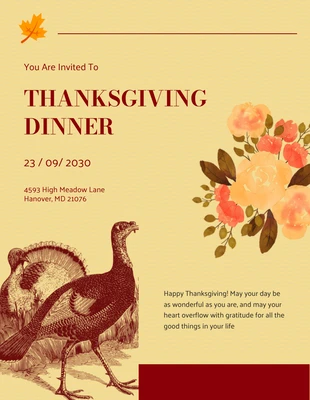 Free  Template: Invitación a una fiesta vintage amarilla de Acción de Gracias