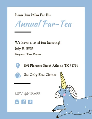 Free  Template: Convite para festa de chá de unicórnio em azul e branco com estética moderna e simples