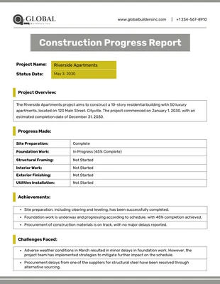 Free  Template: Construction Progress Report Template