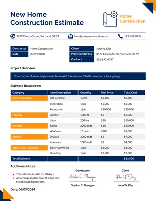 Free  Template: New Home Construction Estimate Template