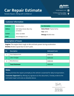 Free  Template: Modelo de estimativa de conserto de carro