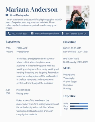 Free  Template: Azul y blanco simple elegante calle fotógrafo curriculum vitae
