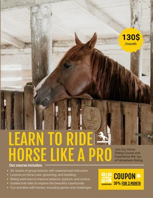 Free  Template: Pôster do curso de equitação marrom e amarelo