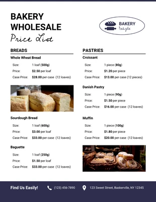 Free  Template: Bakery Wholesale Price List Template