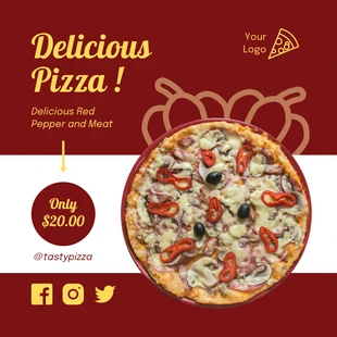 Free  Template: Banner vermelho e branco minimalista da Delicious Pizza no Instagram