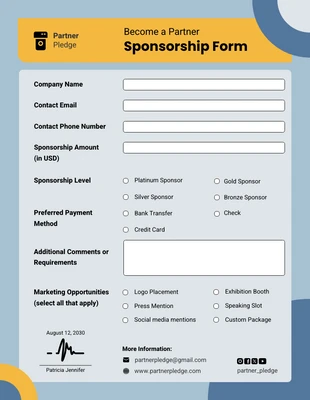 Free  Template: Blaues und gelbes Sponsoring-Formular
