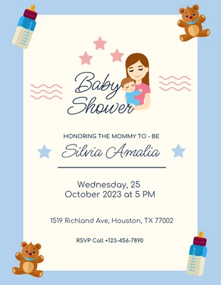 Free  Template: Folheto de chá de bebê com ilustração fofa em azul bebê