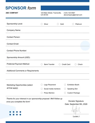 business  Template: Formulário de patrocinador azul simples