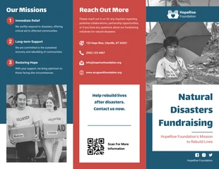 business  Template: Brochure à trois volets moderne bleue et rouge pour la collecte de fonds en cas de catastrophe naturelle