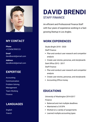 Free  Template: Navy And White Minimalist Professional Finance Resume (en anglais)