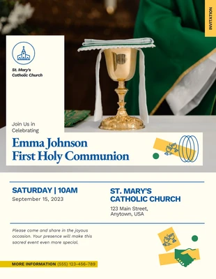 Free  Template: Einfache Einladung zur Erstkommunion in Weiß und Gelb