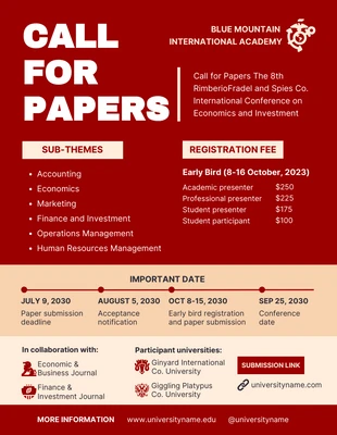 Free  Template: Rotes und gelbes modernes professionelles Call-for-Paper-College-Poster