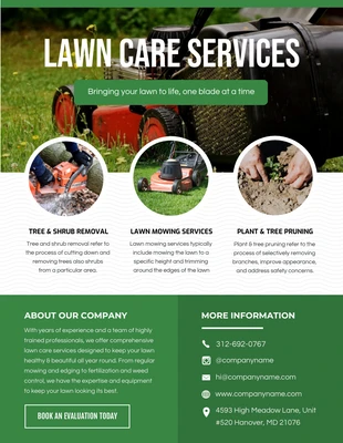 business  Template: Flyer vert et blanc pour l'entretien des pelouses