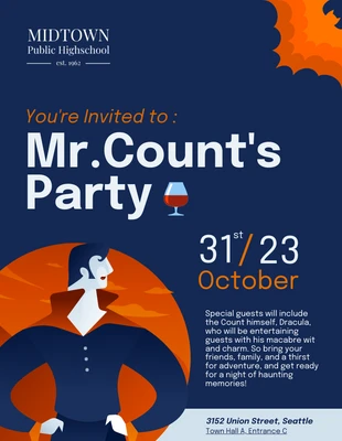 Free  Template: Dark Blue and Orange Halloween School Party