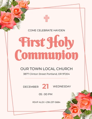 Free  Template: Creamy Pink First Communion Invitation