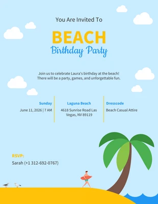 Free  Template: دعوة عيد ميلاد الشاطئ باللونين الأزرق والأصفر الناعم