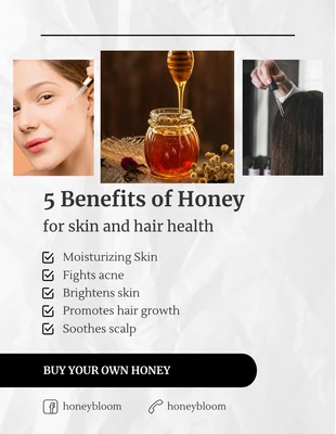 Free  Template: Plantilla en blanco y negro del producto Beneficio de la miel