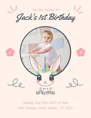 Free  Template: Invitation pour le 1er anniversaire d'une licorne rose, mignonne, joyeuse et joueuse