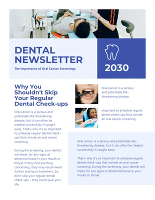 Free  Template: Newsletter dentale professionale moderna bianca e blu