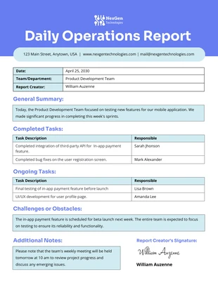 Free  Template: Daily Operations Report Template