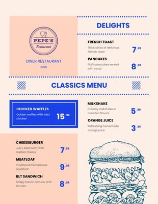 Free  Template: Moderne Diner-Menüs in Pfirsich- und Blautönen