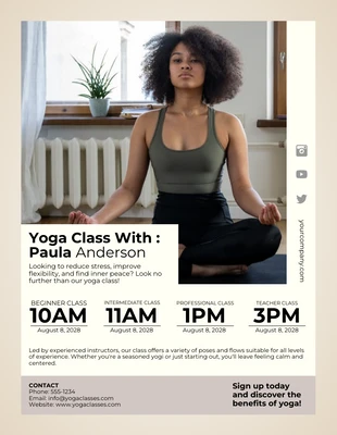 Free  Template: Beige Cream Yoga Class Instructor Schedule Template (Modèle d'emploi du temps de l'instructeur de cours de yoga)