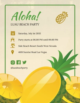 Free  Template: Beige und Grün Minimalistische Illustration Ananas Strand Luau Party-Einladung