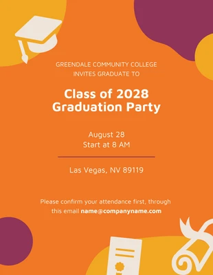 Free  Template: Divertida invitación de fiesta de graduación naranja y morado