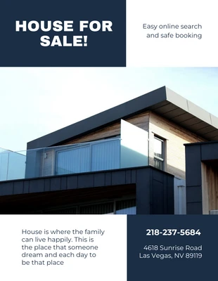 Free  Template: Folheto de casa minimalista azul e branca para venda
