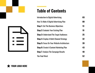 premium  Template: جدول محتويات الورق الأبيض الرقمي باللون الأصفر