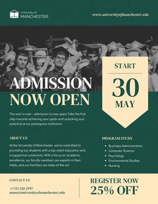 Free  Template: Cream and Dark Green Admission Open Poster Template