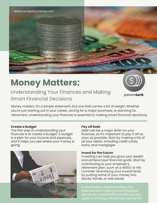 Free  Template: Turqoise Minimalist Money Matters Newsletter