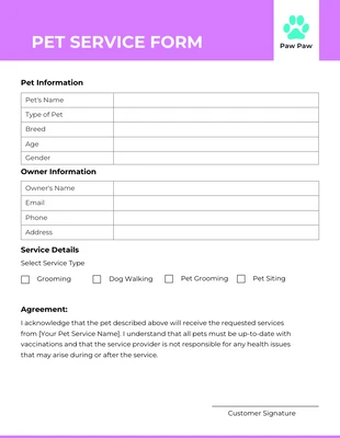 Free  Template: Clean Simple Minimalist Pet Service Form