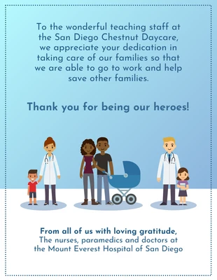 Free  Template: Carte de remerciement pour les gardes d'enfants en situation d'urgence