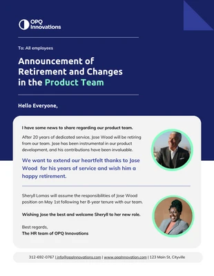 business  Template: Newsletter via email per l'annuncio del pensionamento