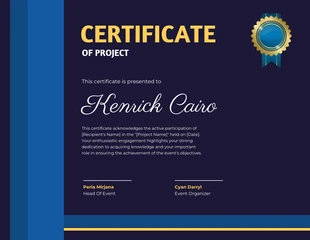business  Template: Certificado de proyecto azul oscuro y dorado