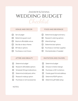 Free  Template: Rosa Pfirsich Minimalistische Hochzeit Budget Checkliste