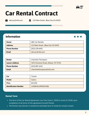 Free  Template: Car Rental Contract Template