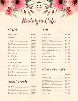 Free  Template: Light Yellow Classic Floral Background Cafe Menu