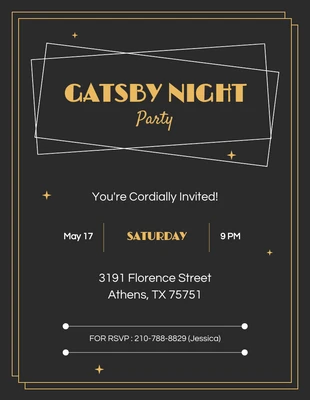 Free  Template: Convite Festa Noturna de Gatsby Elegante Branca Dourada Negra