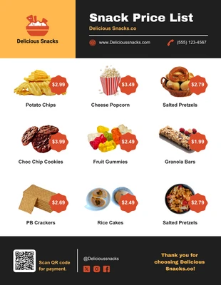 Free interactive Template: Plantilla de lista de precios de bocadillos