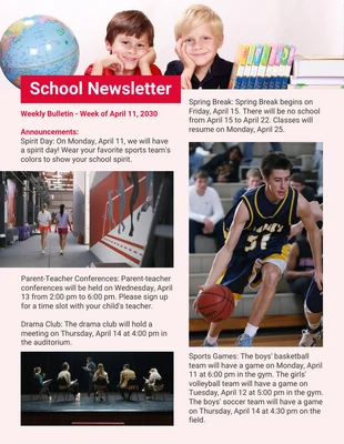 Free  Template: Broken White And Red Simple School Newsletter