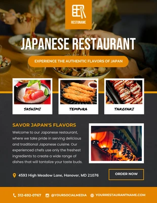 Free  Template: Modelo de panfleto de restaurante em preto e laranja