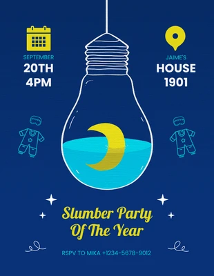 Free  Template: Blau und gelb moderne verspielte Illustration Sleepover Schlummerparty Einladung