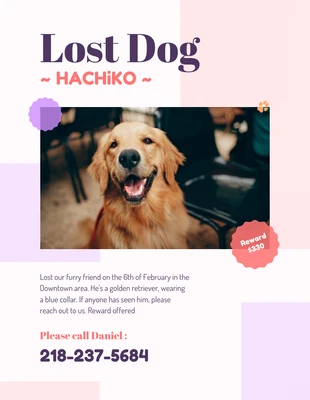Free  Template: Poster per cani smarriti rosa e viola pastello
