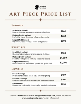 Free  Template: Art Piece Price List Template