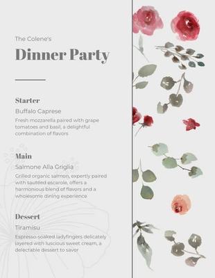 business  Template: Grey Minimalist Floral Dinner Party Menu