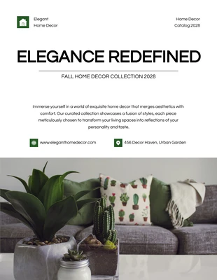 Free  Template: Catálogo minimalista de decoración del hogar en blanco y verde.